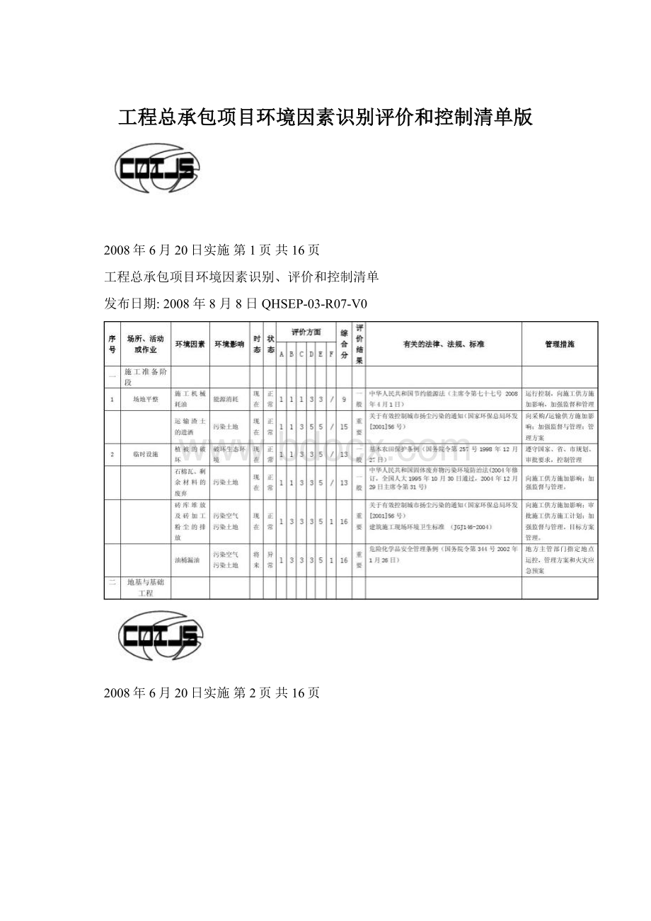 工程总承包项目环境因素识别评价和控制清单版.docx