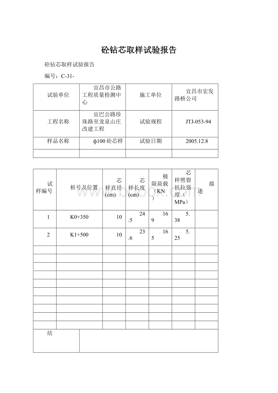 砼钻芯取样试验报告Word文件下载.docx