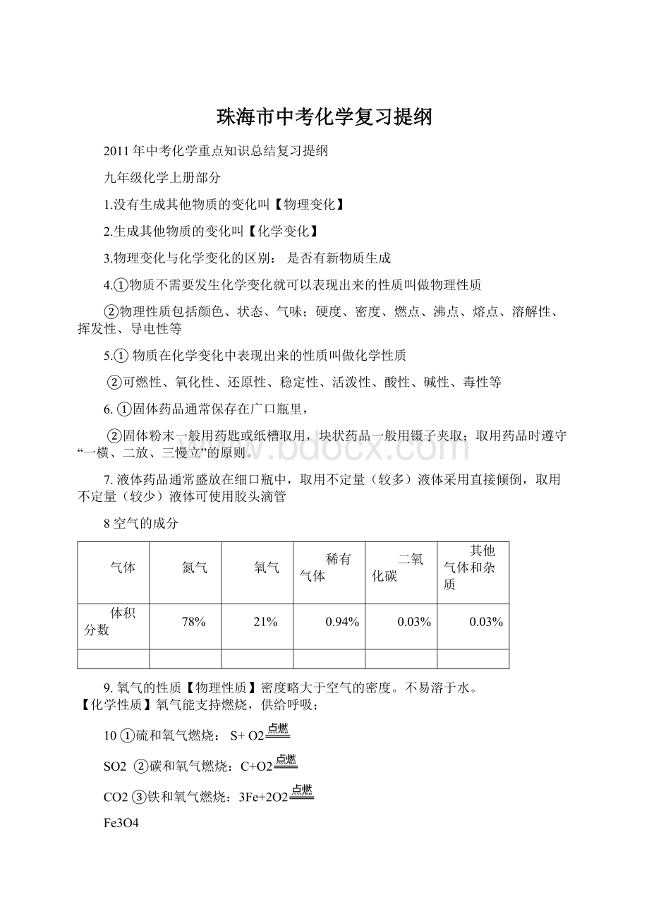 珠海市中考化学复习提纲.docx