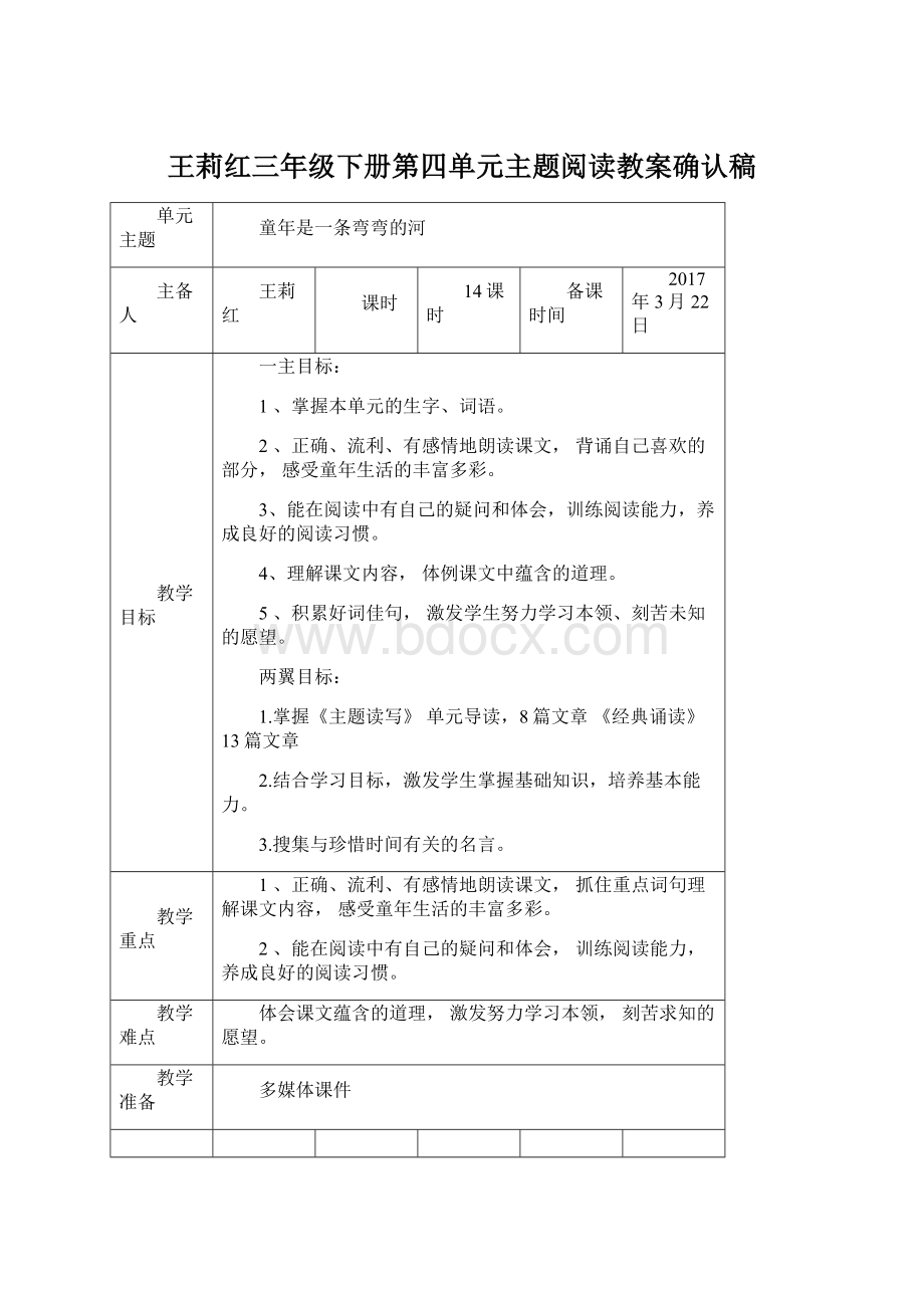 王莉红三年级下册第四单元主题阅读教案确认稿Word文档下载推荐.docx