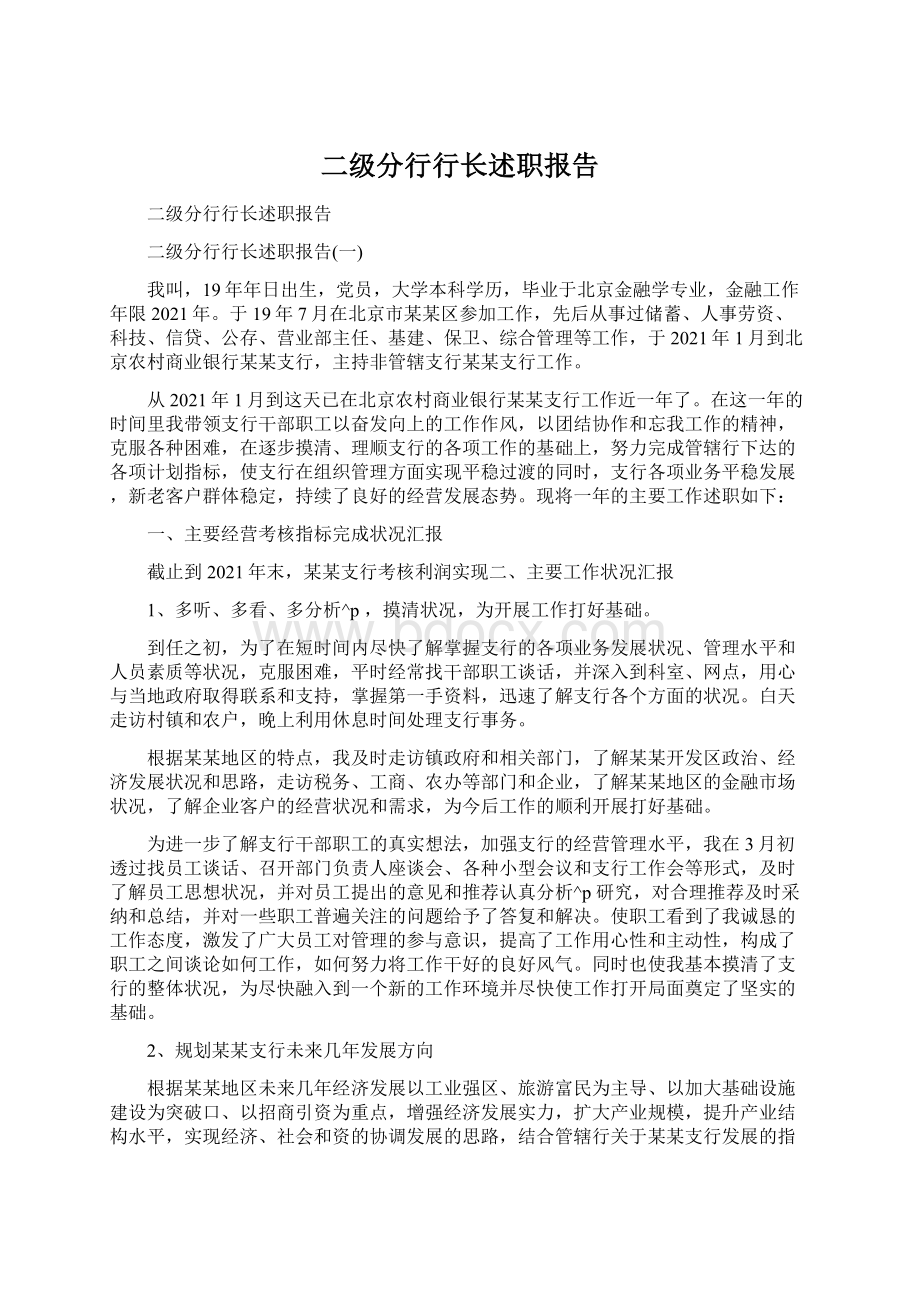 二级分行行长述职报告Word文档格式.docx