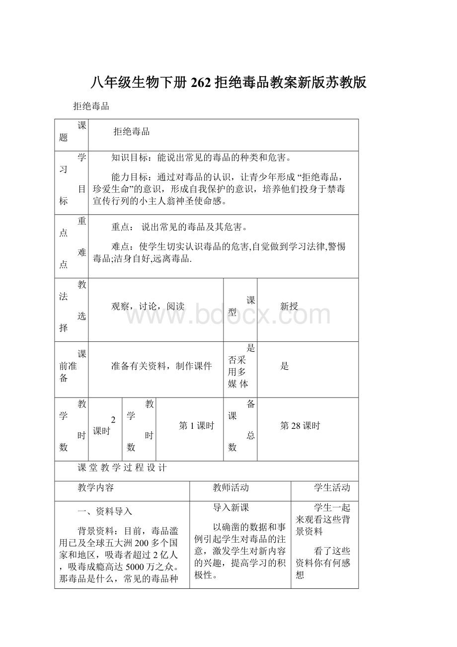 八年级生物下册262拒绝毒品教案新版苏教版.docx_第1页