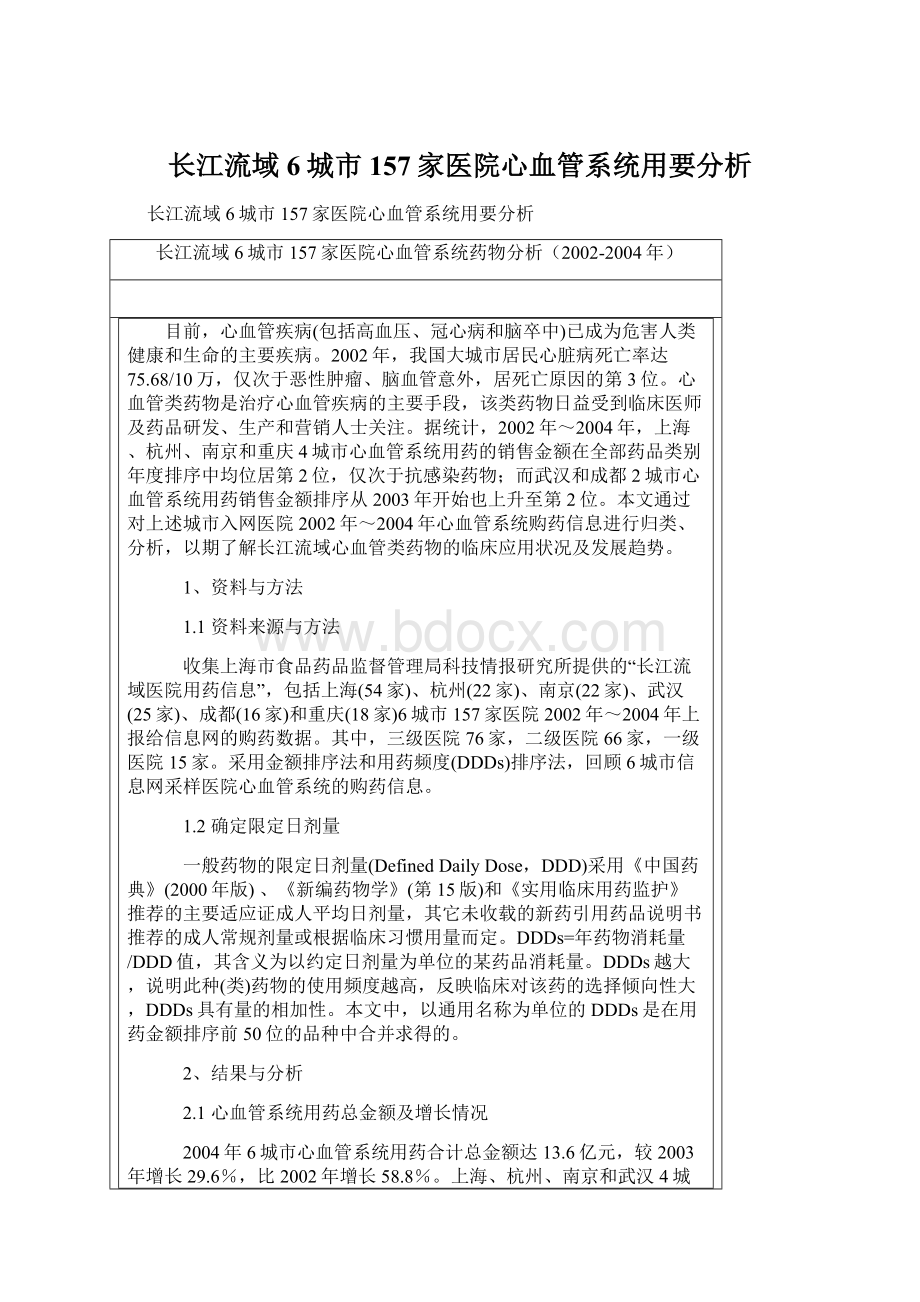 长江流域6城市157家医院心血管系统用要分析Word文档格式.docx_第1页