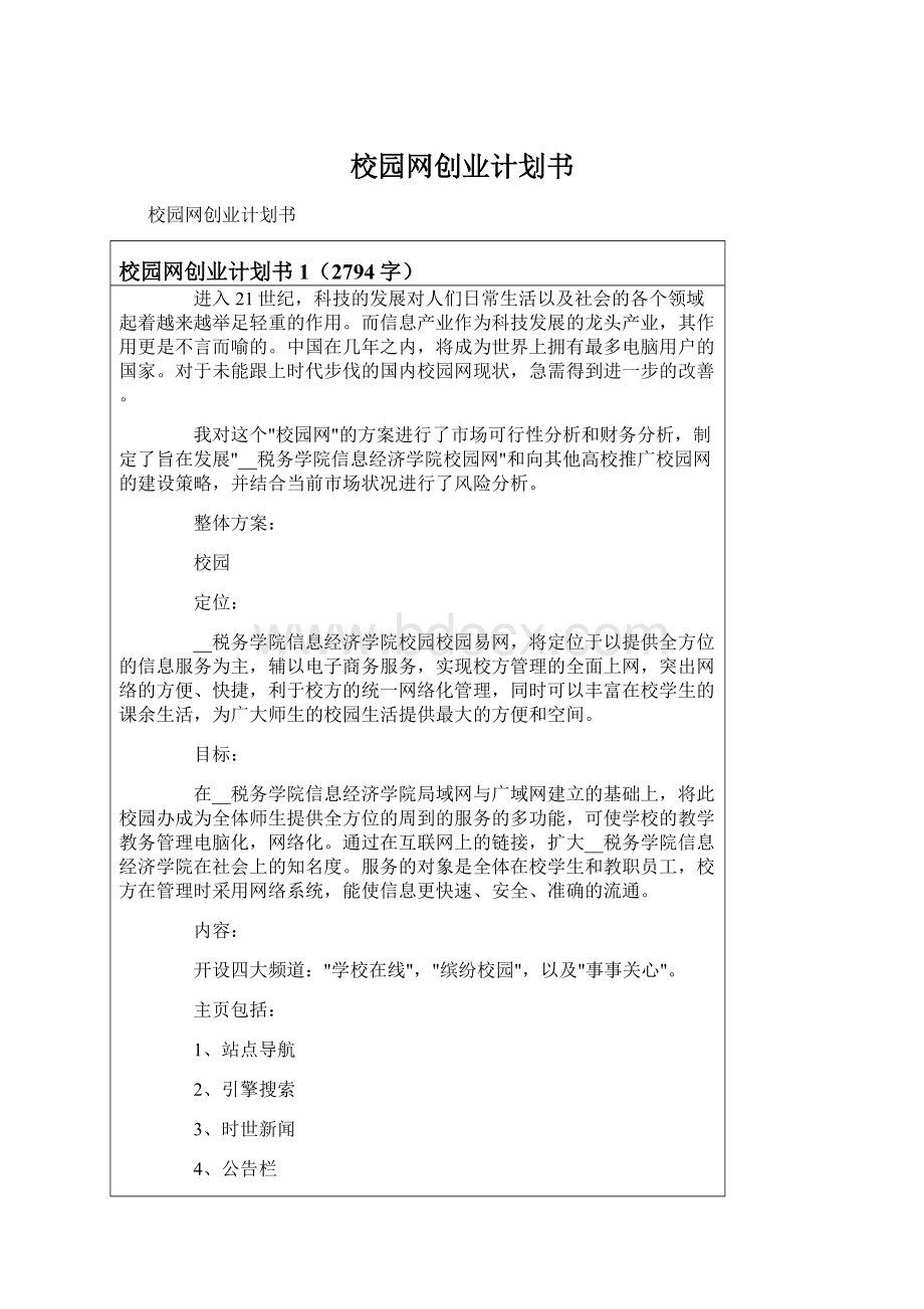 校园网创业计划书Word下载.docx