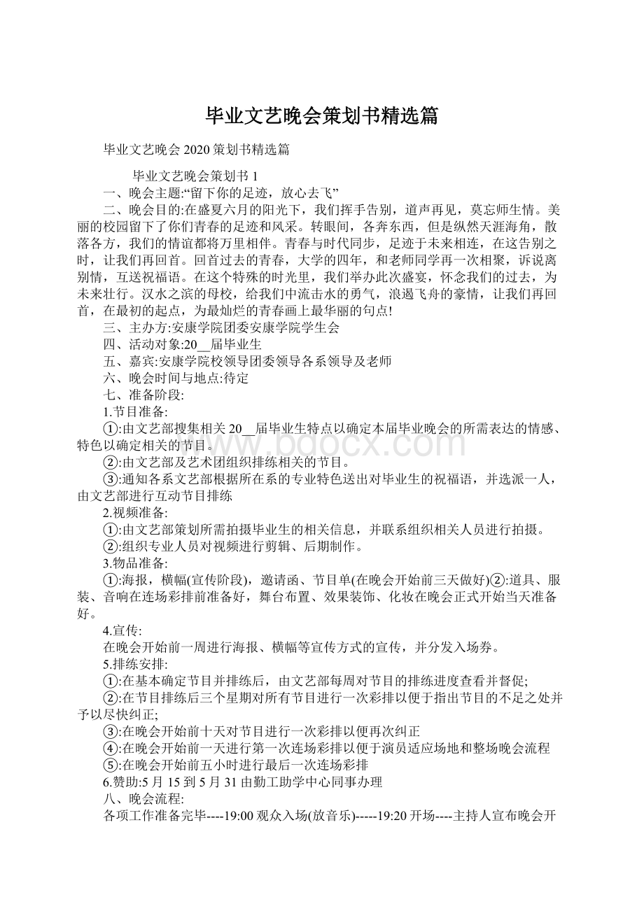 毕业文艺晚会策划书精选篇Word文档格式.docx