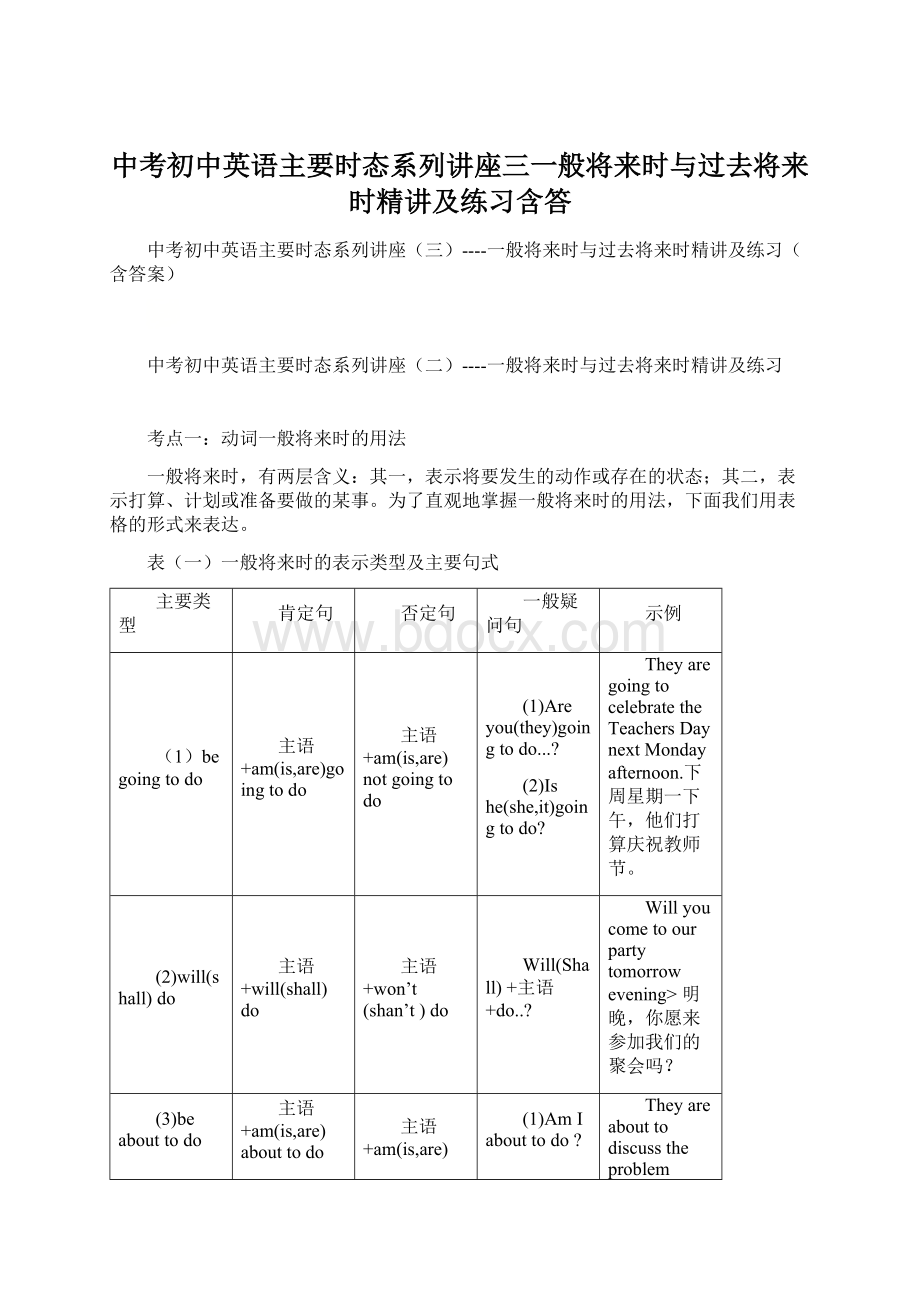 中考初中英语主要时态系列讲座三一般将来时与过去将来时精讲及练习含答Word格式.docx_第1页