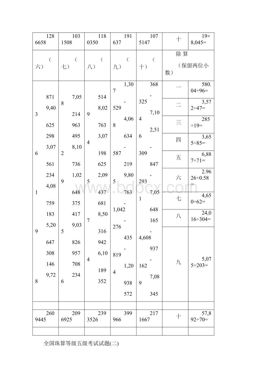 珠算等级五级考试试及答案Word下载.docx_第2页