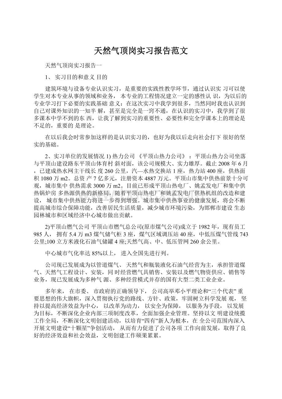 天然气顶岗实习报告范文Word格式.docx