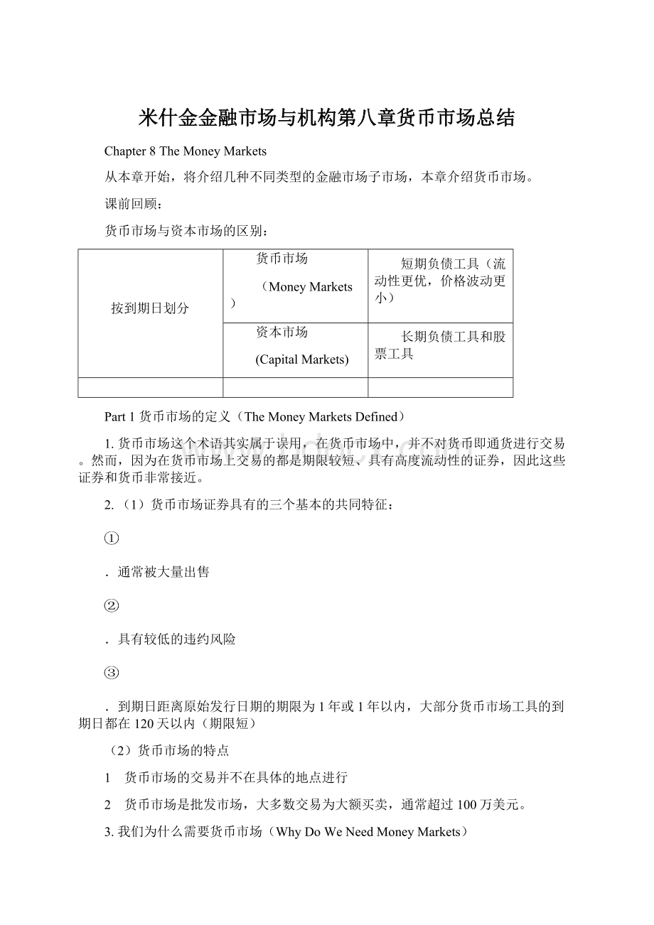 米什金金融市场与机构第八章货币市场总结Word格式.docx