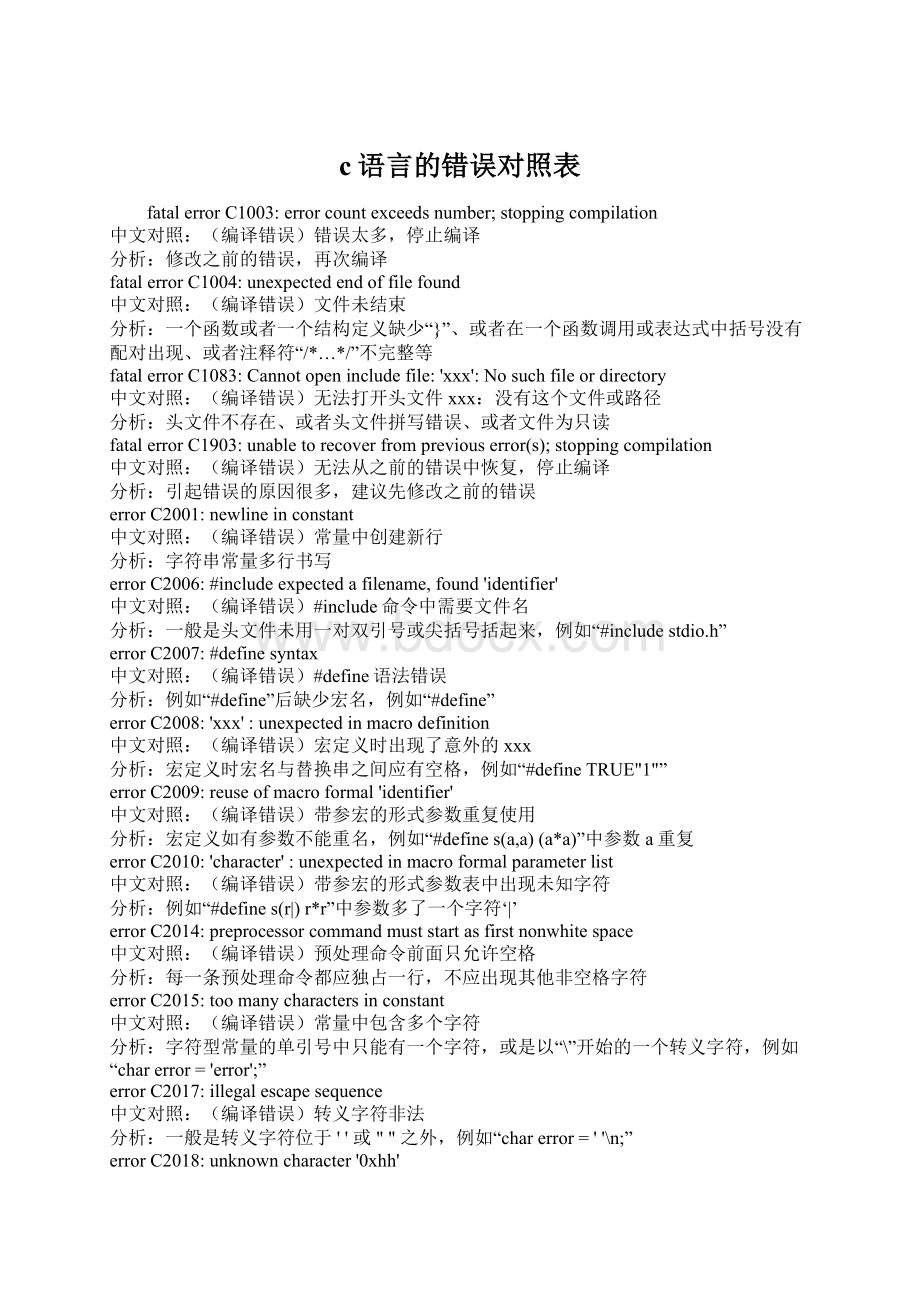 c语言的错误对照表.docx