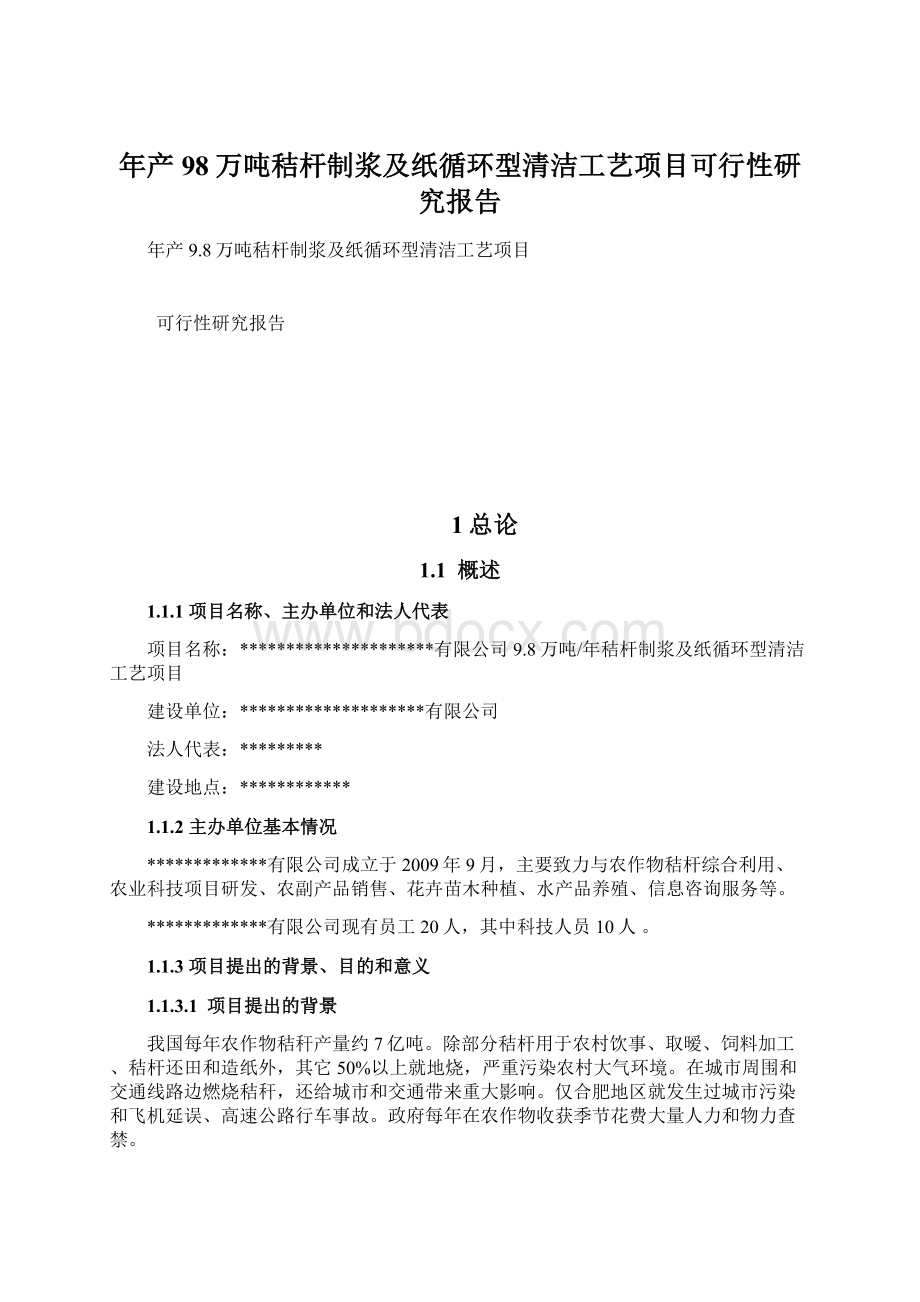 年产98万吨秸杆制浆及纸循环型清洁工艺项目可行性研究报告.docx