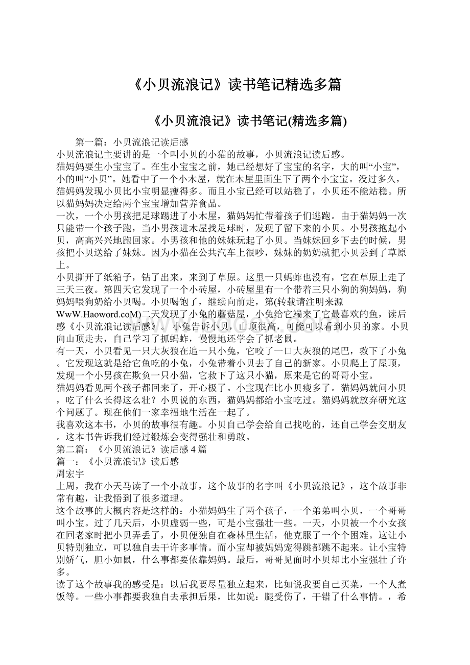 《小贝流浪记》读书笔记精选多篇Word格式文档下载.docx