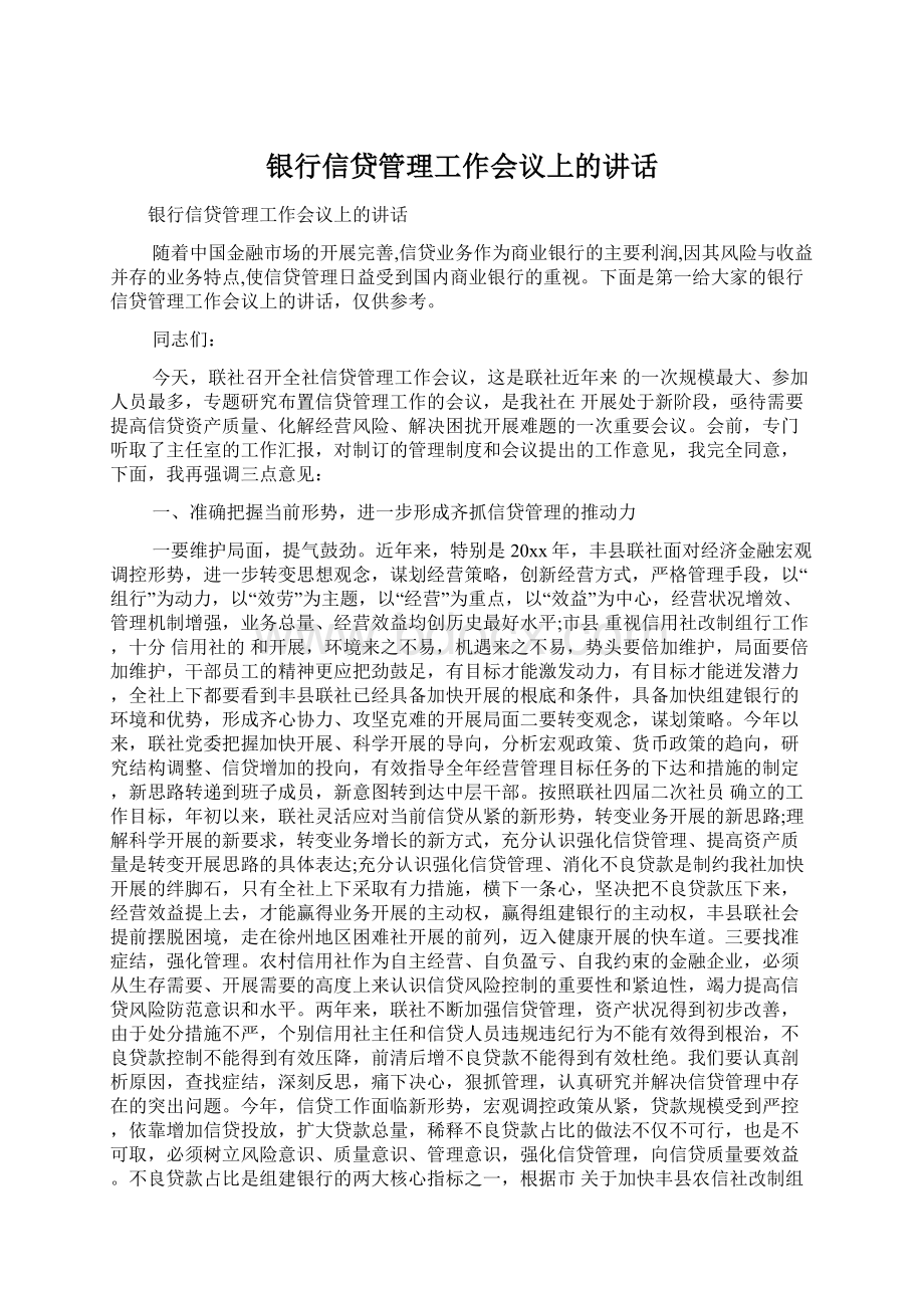 银行信贷管理工作会议上的讲话Word格式文档下载.docx