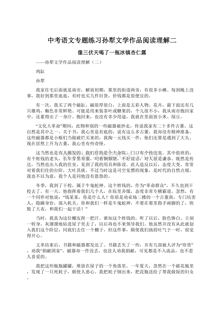 中考语文专题练习孙犁文学作品阅读理解二Word格式文档下载.docx