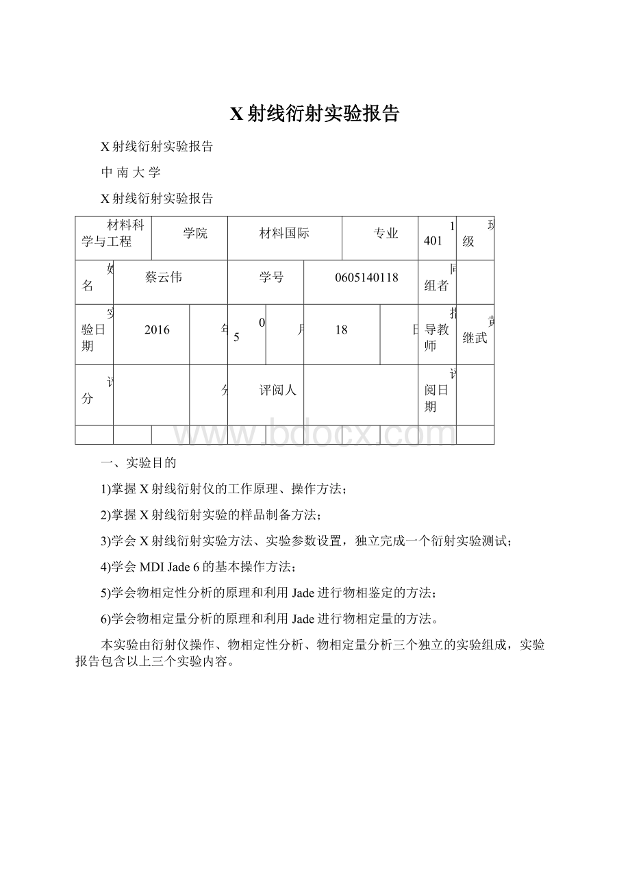 X射线衍射实验报告Word格式文档下载.docx_第1页