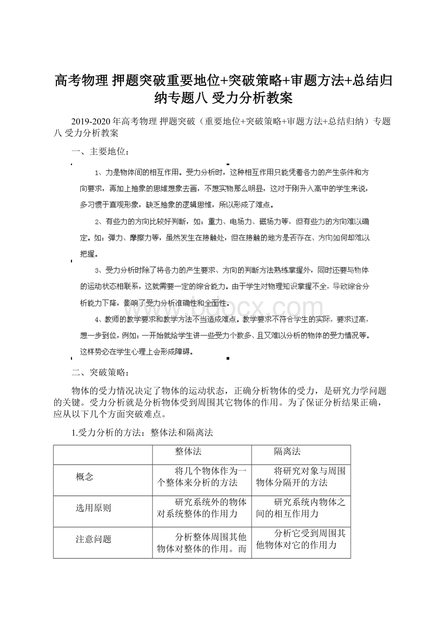 高考物理 押题突破重要地位+突破策略+审题方法+总结归纳专题八 受力分析教案.docx