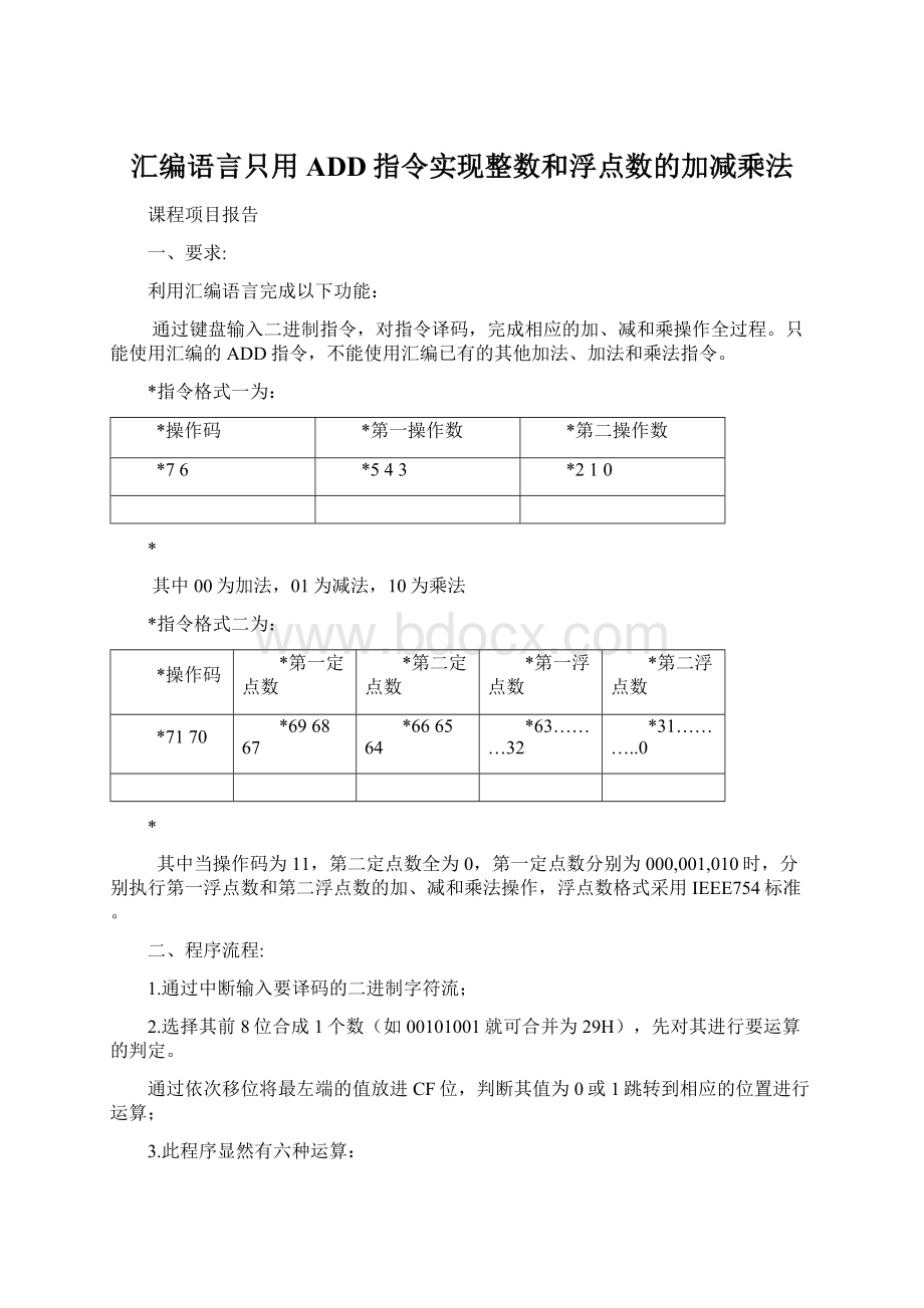 汇编语言只用ADD指令实现整数和浮点数的加减乘法.docx