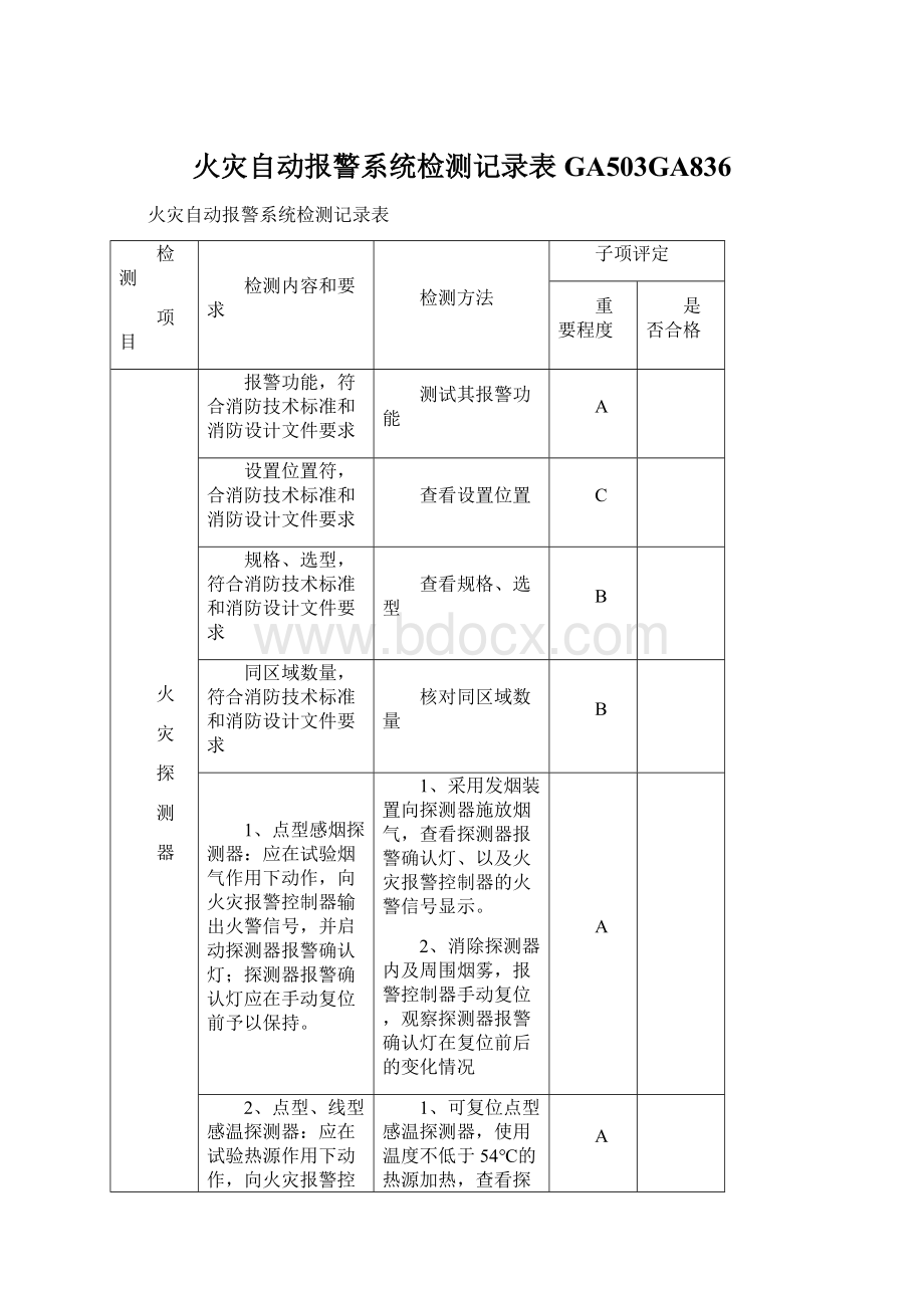 火灾自动报警系统检测记录表GA503GA836.docx_第1页