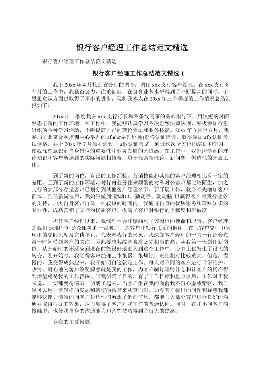 银行客户经理工作总结范文精选Word文档格式.docx