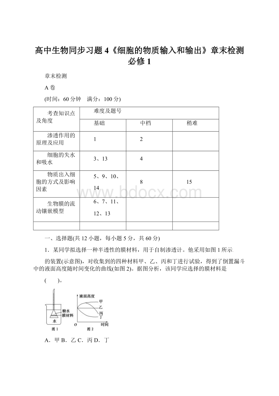 高中生物同步习题4《细胞的物质输入和输出》章末检测必修1.docx