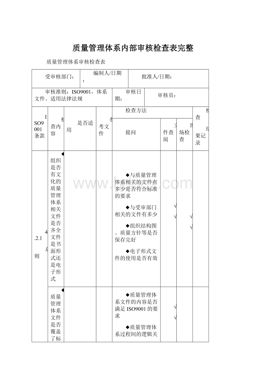 质量管理体系内部审核检查表完整Word格式文档下载.docx