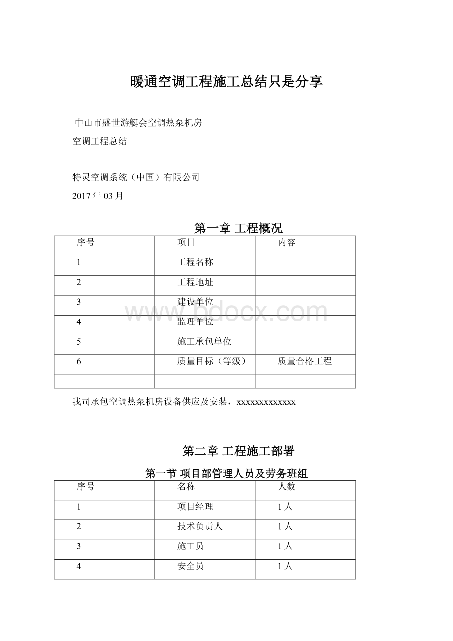 暖通空调工程施工总结只是分享Word文件下载.docx