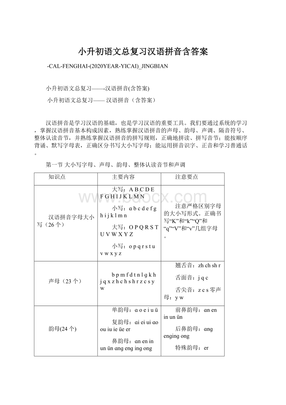 小升初语文总复习汉语拼音含答案Word文档下载推荐.docx