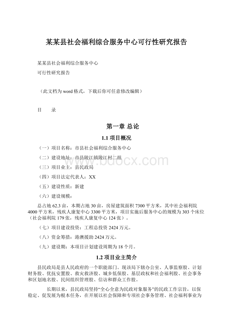 某某县社会福利综合服务中心可行性研究报告Word下载.docx_第1页