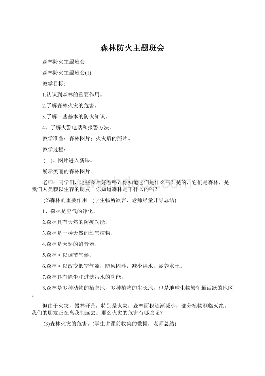 森林防火主题班会Word格式文档下载.docx