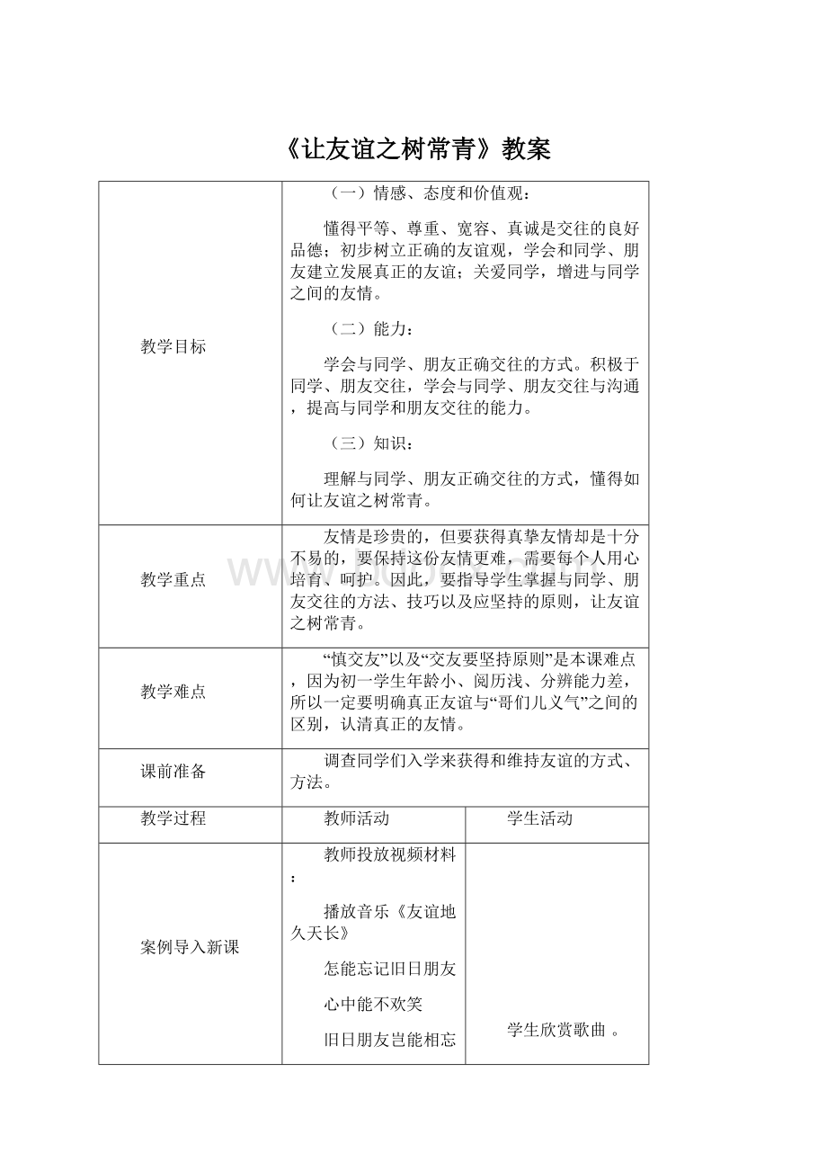 《让友谊之树常青》教案Word文档格式.docx