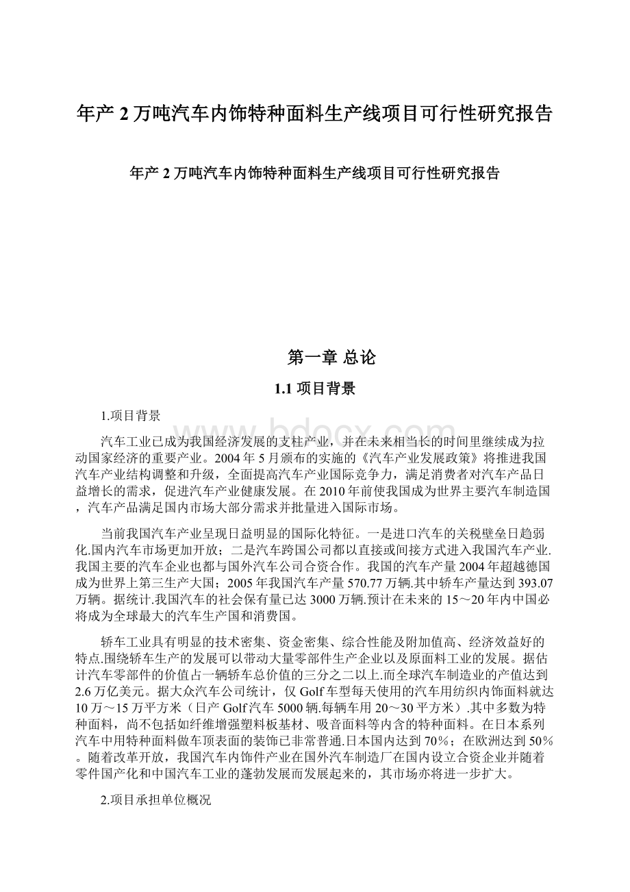 年产2万吨汽车内饰特种面料生产线项目可行性研究报告.docx_第1页