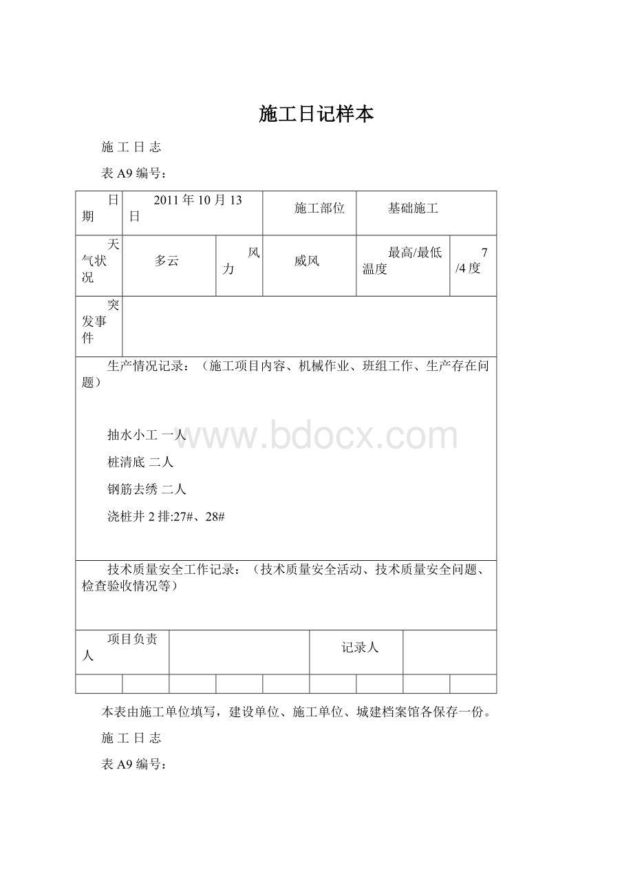 施工日记样本文档格式.docx_第1页