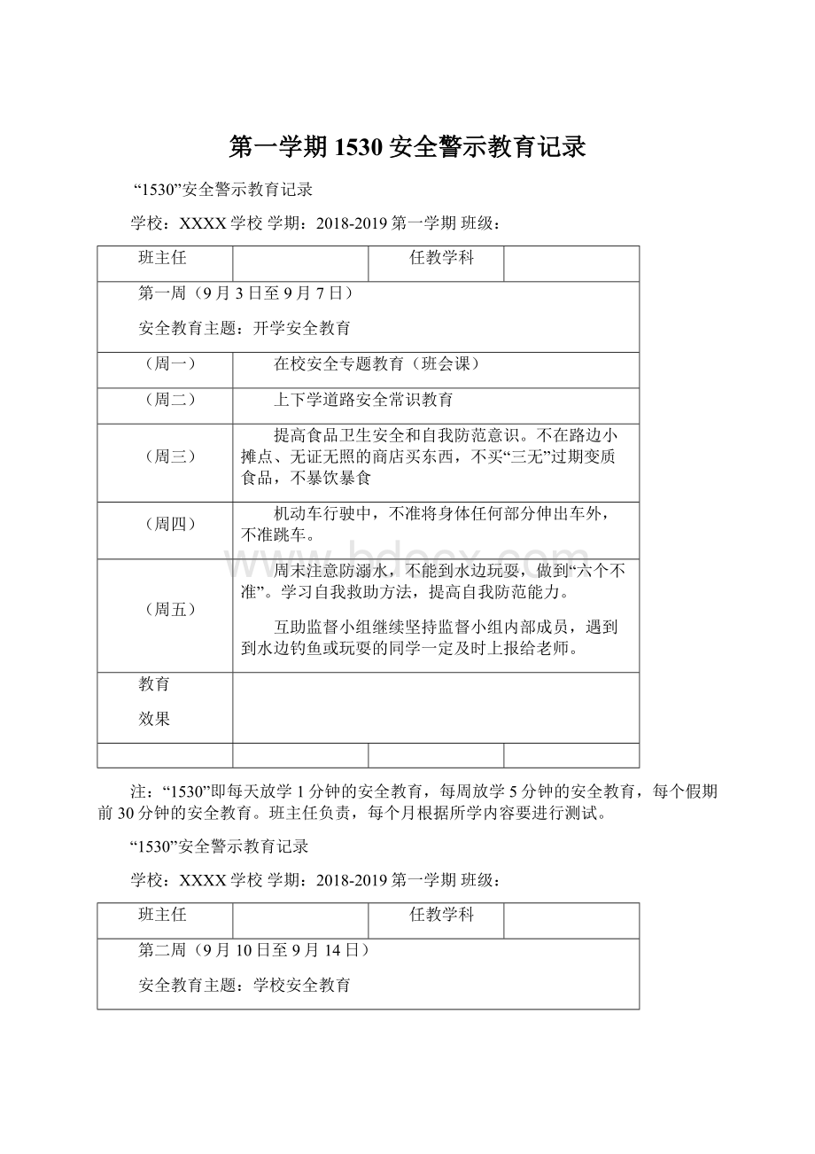 第一学期1530安全警示教育记录Word下载.docx