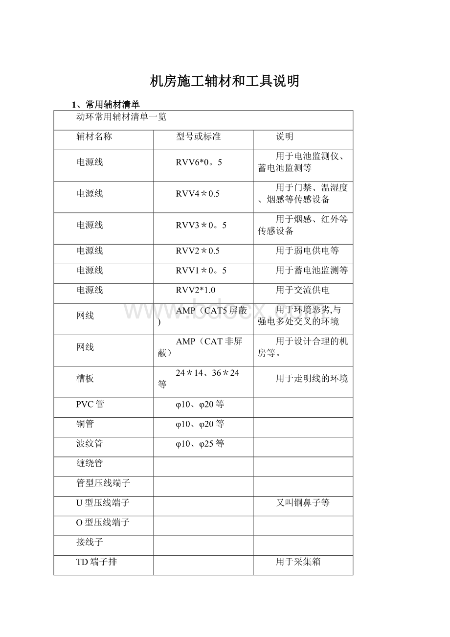 机房施工辅材和工具说明文档格式.docx