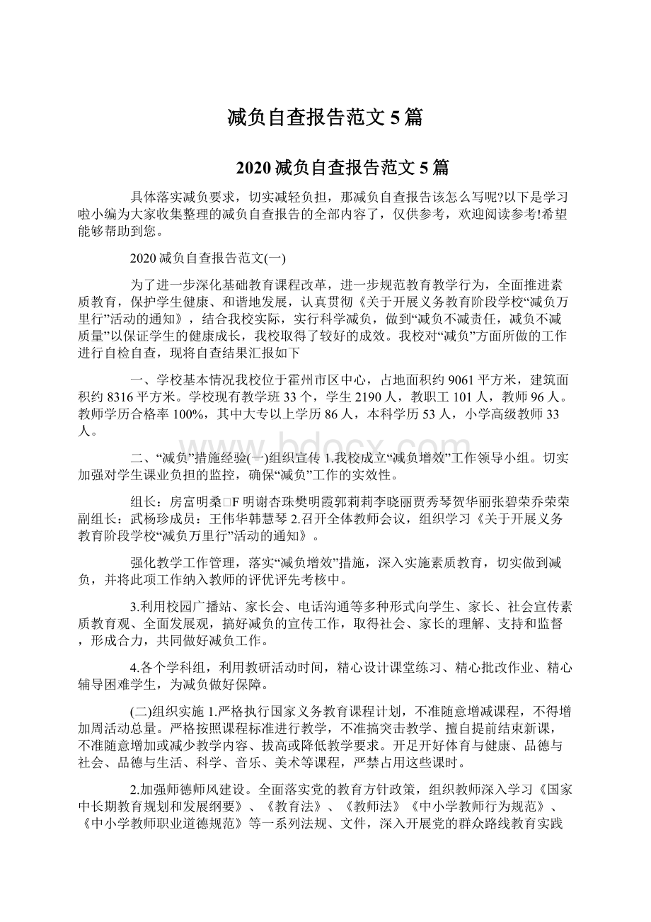 减负自查报告范文5篇.docx