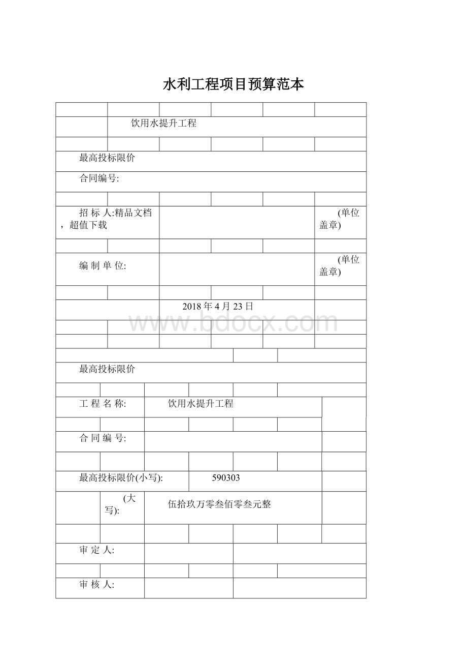 水利工程项目预算范本Word下载.docx