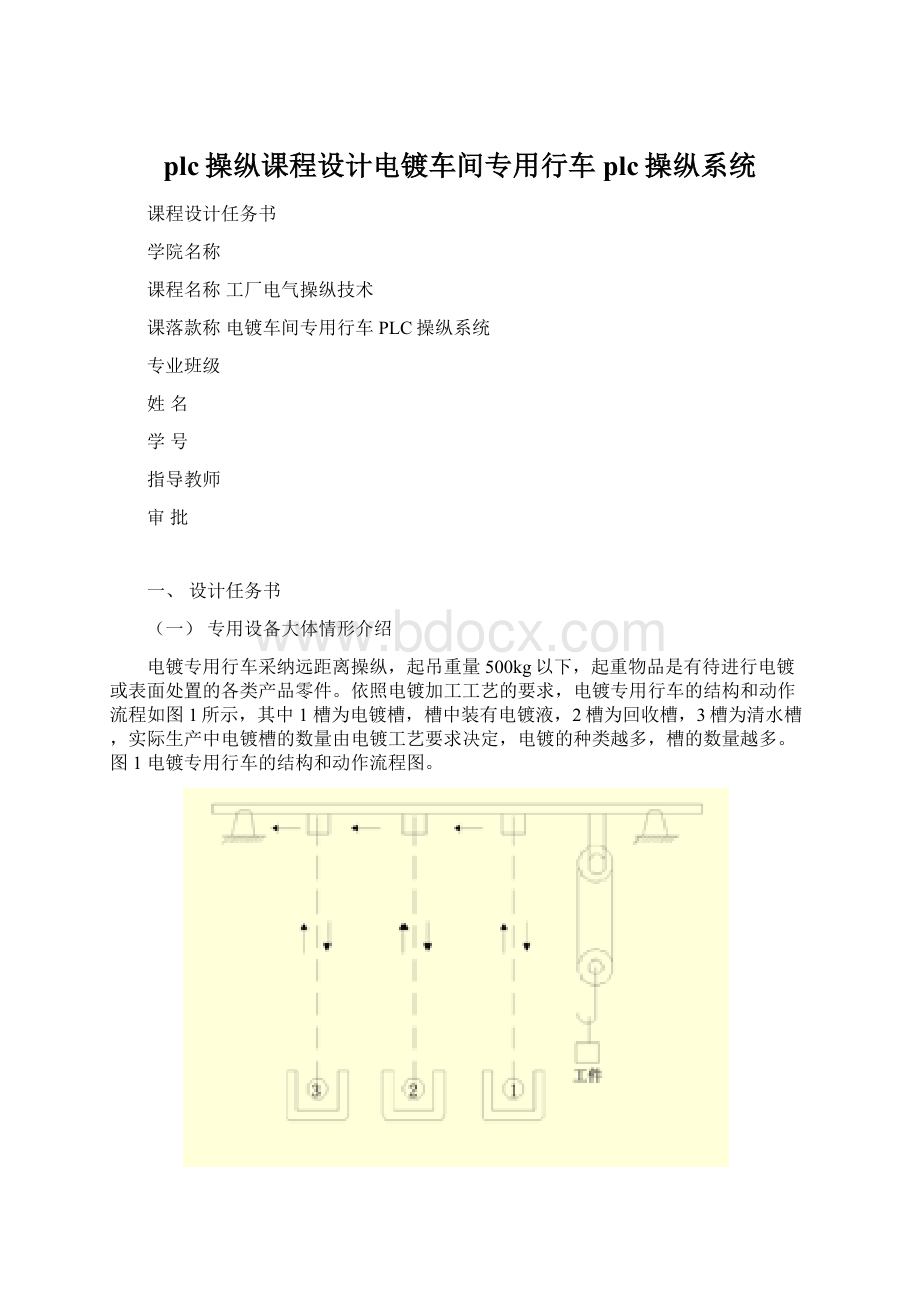 plc操纵课程设计电镀车间专用行车plc操纵系统Word文件下载.docx_第1页