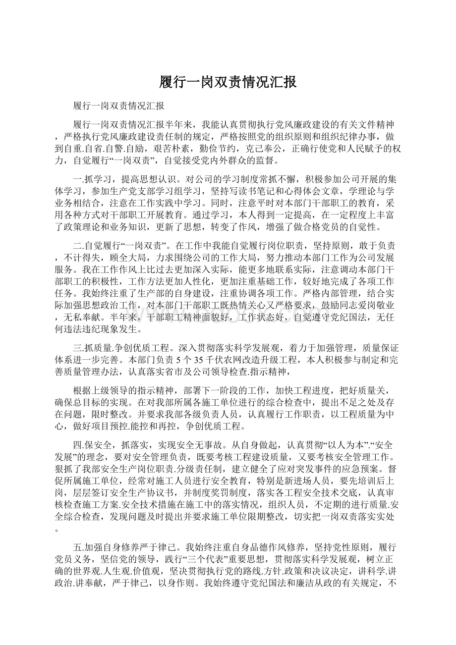 履行一岗双责情况汇报Word文档格式.docx