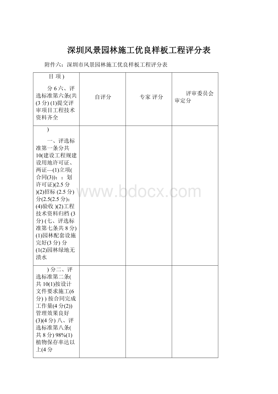 深圳风景园林施工优良样板工程评分表Word文档下载推荐.docx