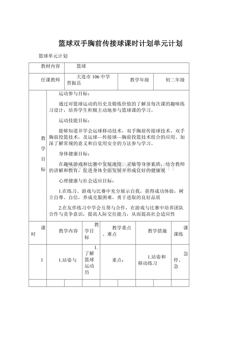 篮球双手胸前传接球课时计划单元计划Word下载.docx