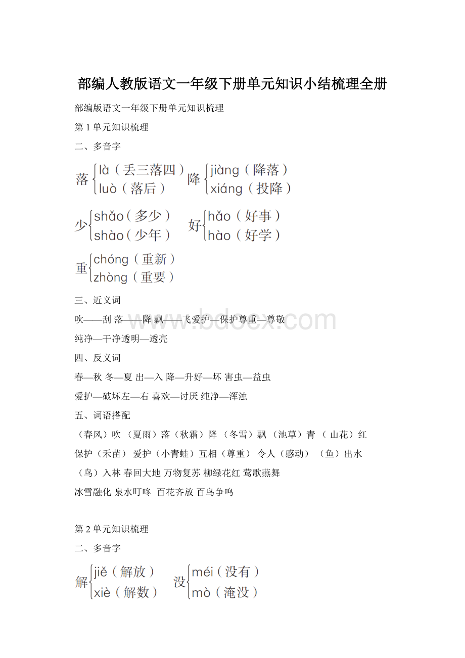 部编人教版语文一年级下册单元知识小结梳理全册.docx