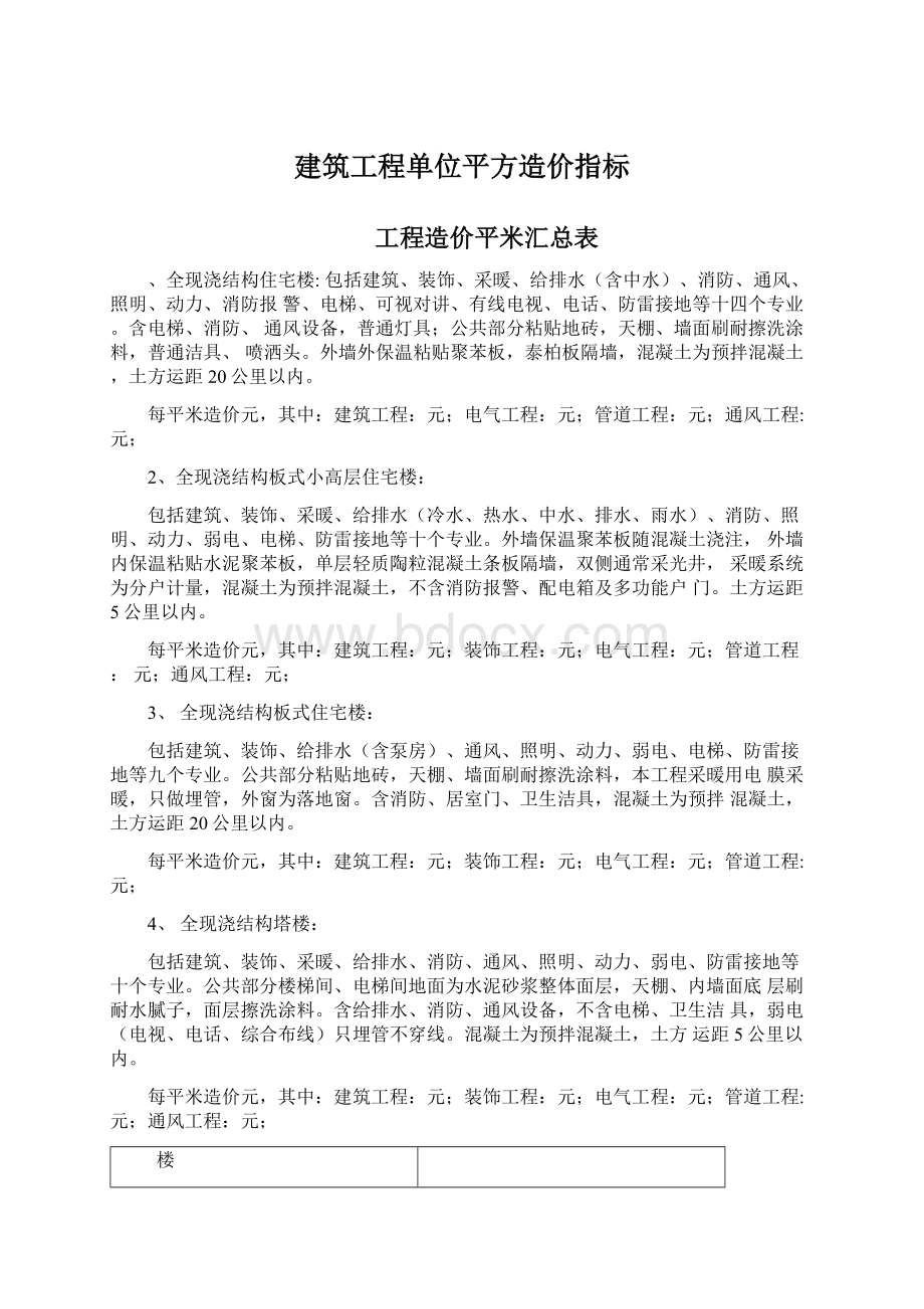 建筑工程单位平方造价指标Word文档格式.docx_第1页