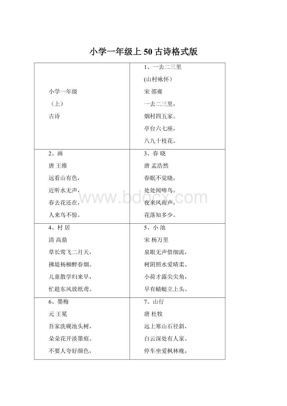 小学一年级上50古诗格式版Word下载.docx