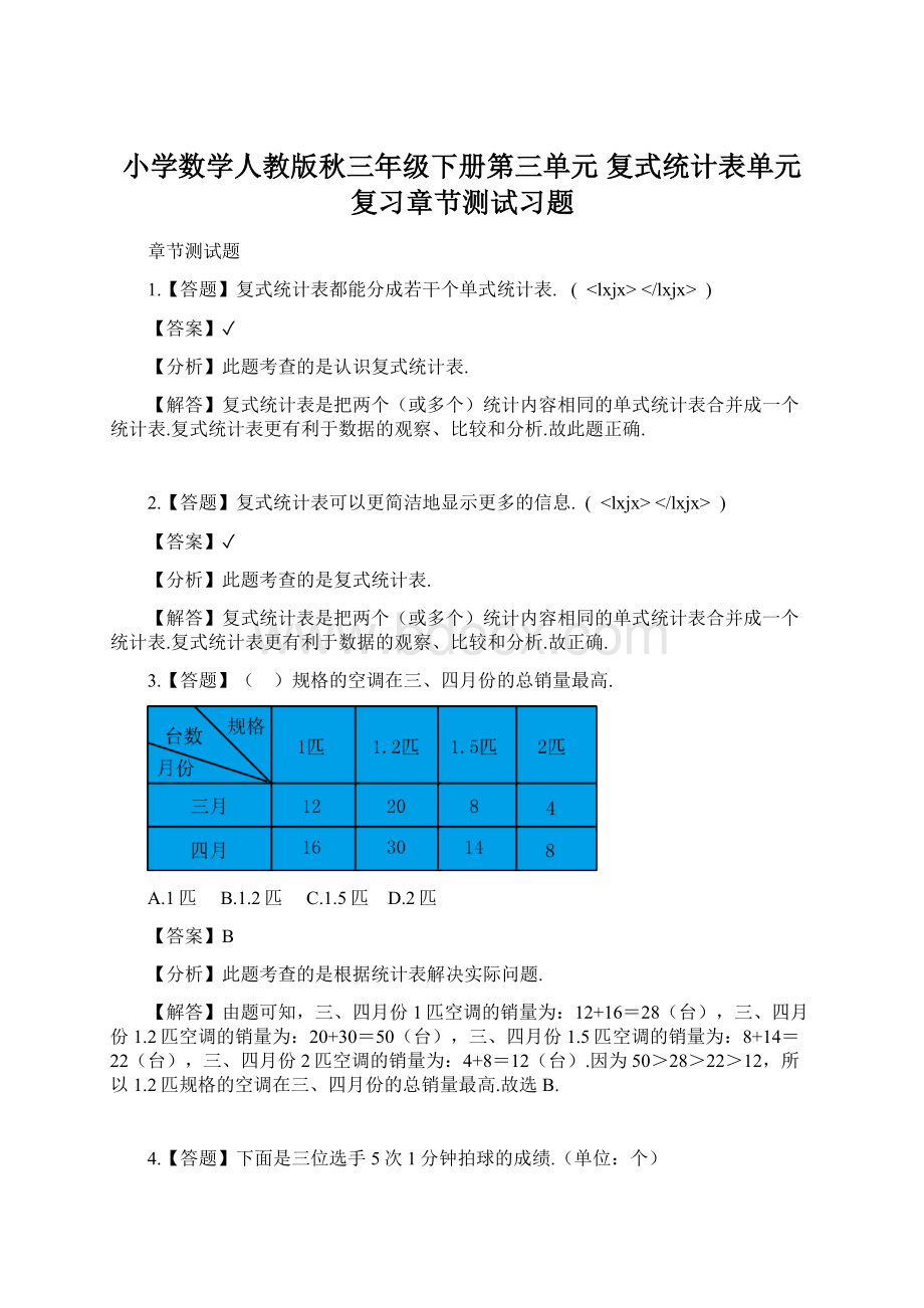 小学数学人教版秋三年级下册第三单元复式统计表单元复习章节测试习题Word文件下载.docx