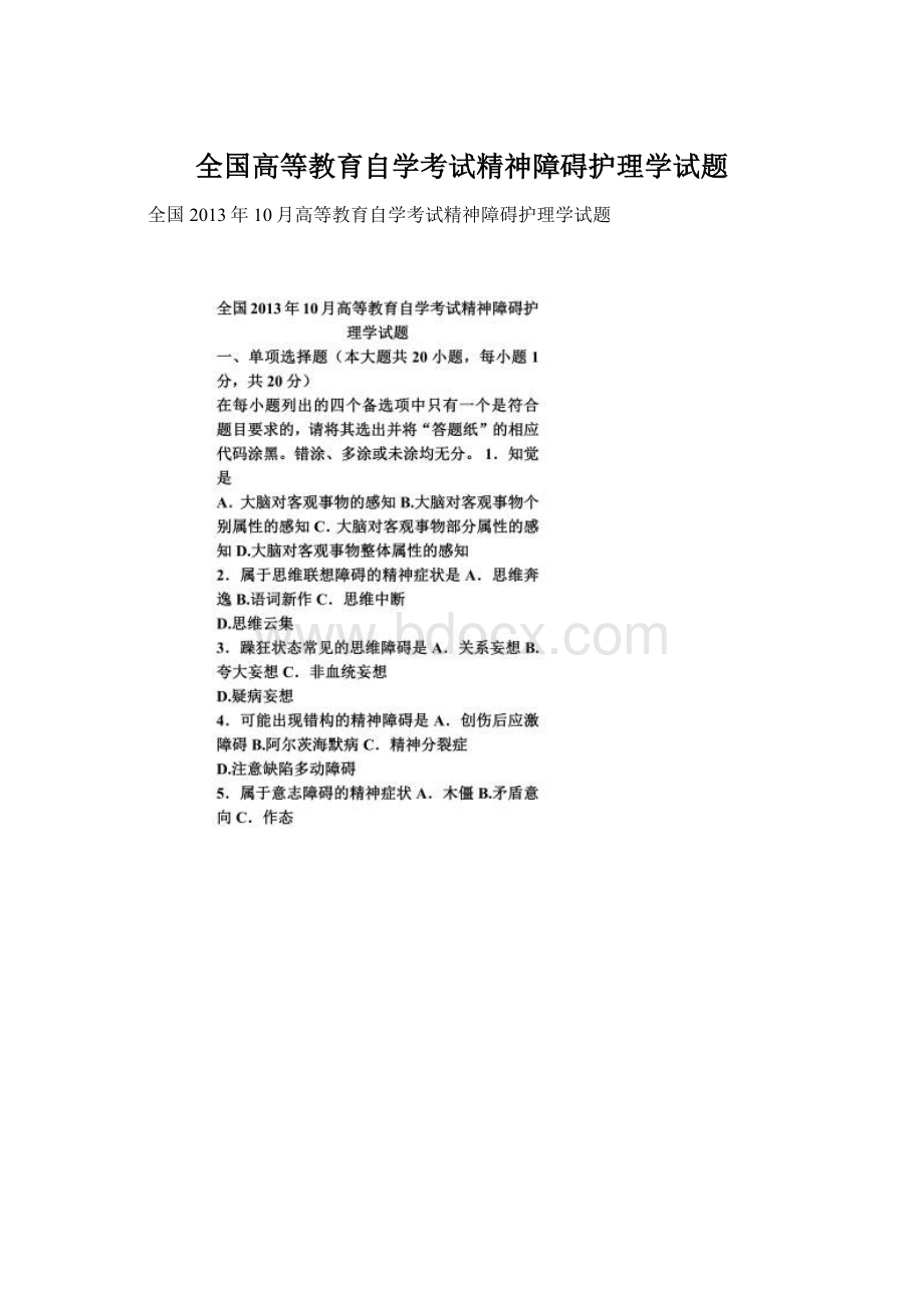 全国高等教育自学考试精神障碍护理学试题Word文档下载推荐.docx