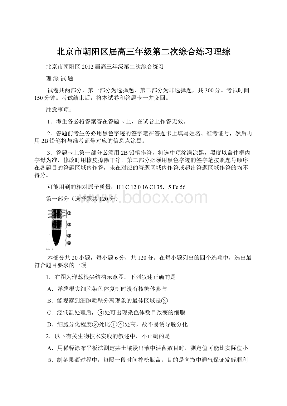 北京市朝阳区届高三年级第二次综合练习理综Word文件下载.docx