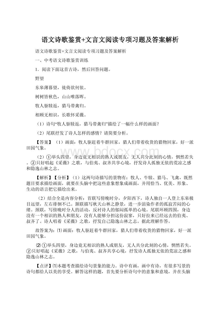 语文诗歌鉴赏+文言文阅读专项习题及答案解析.docx