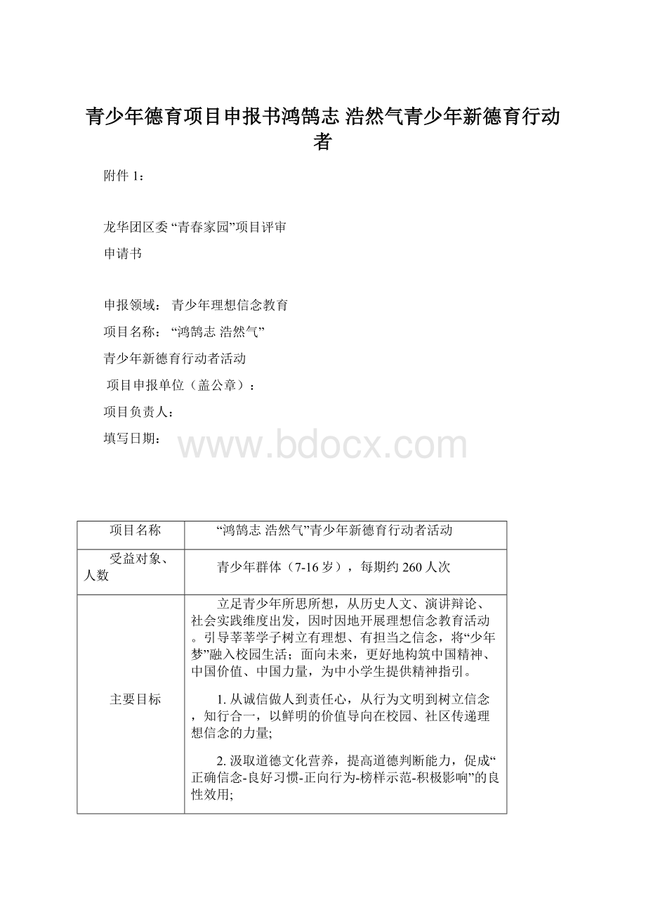 青少年德育项目申报书鸿鹄志 浩然气青少年新德育行动者.docx