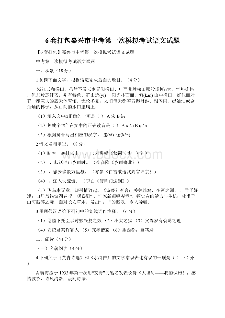 6套打包嘉兴市中考第一次模拟考试语文试题.docx