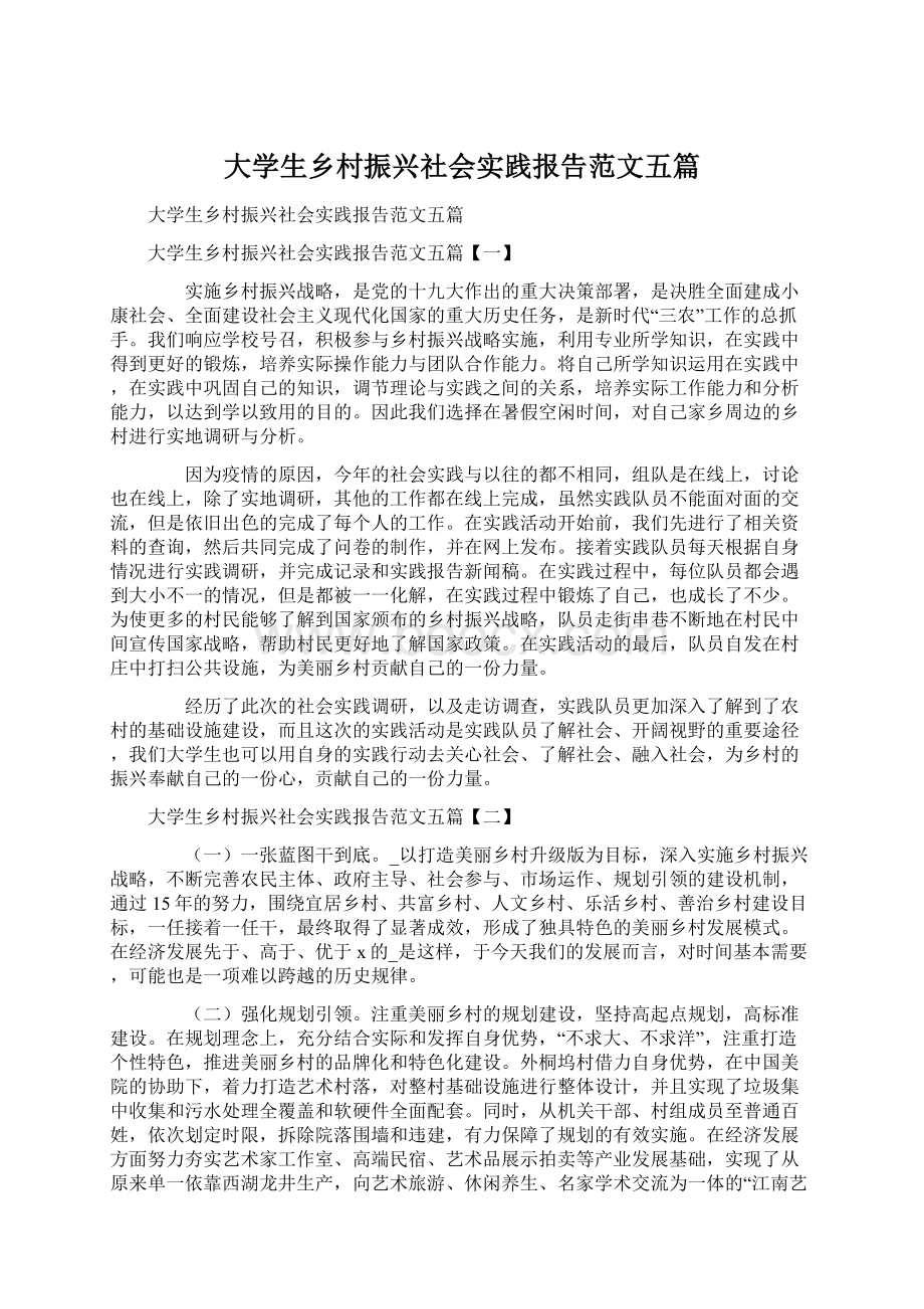 大学生乡村振兴社会实践报告范文五篇Word文档下载推荐.docx_第1页